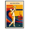 Illustration vintage du Augusta National Golf Club avec des collines vertes et un ciel bleu
