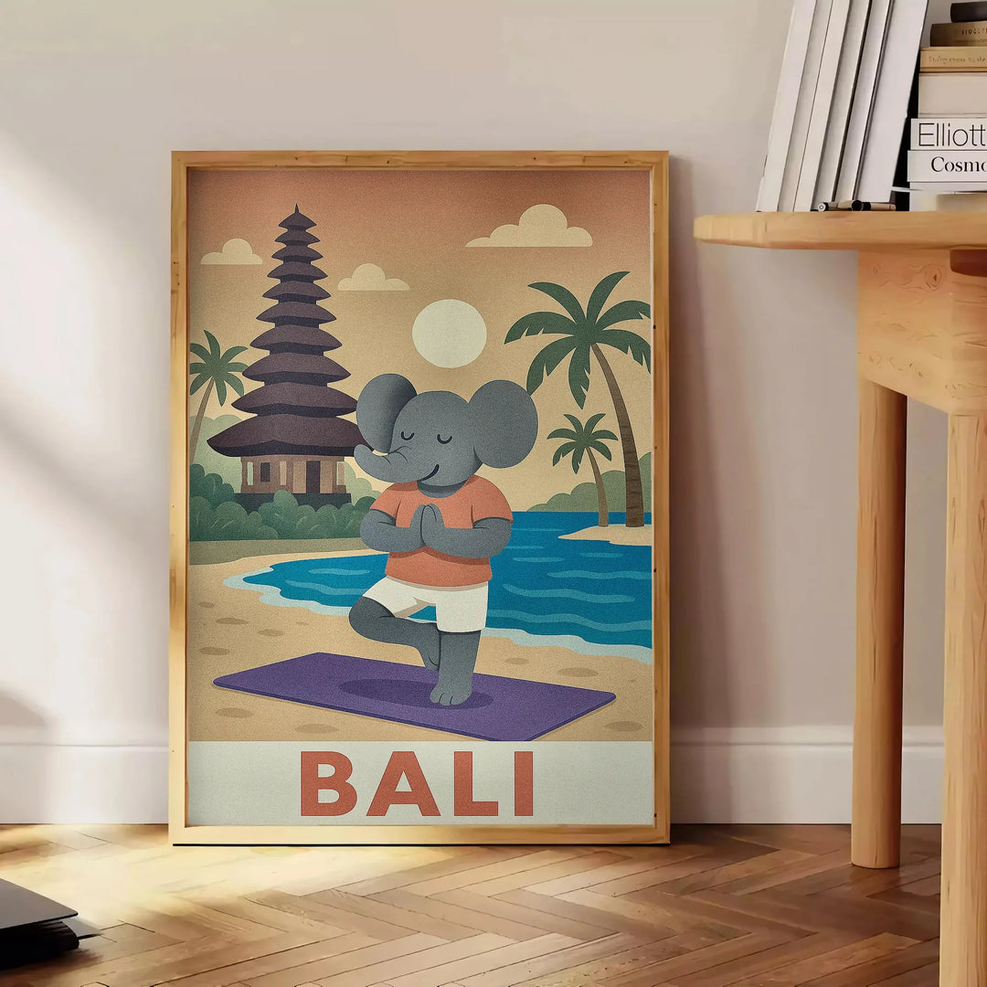 Πόστερ με ελέφαντα που κάνει γιόγκα, σχεδιασμένο σε ήρεμες μπλε και γκρι αποχρώσεις, ιδανικό για παιδικά δωμάτια ή χώρους γιό