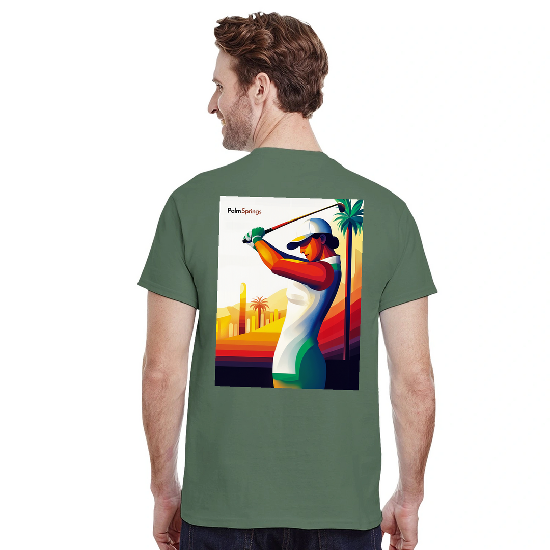 ゴルフパームスプリングスTシャツは、快適さとスタイルを兼ね備えたデザインです。パームスプリングスの陽気な雰囲気を楽しむゴルフ愛好者に最適です。