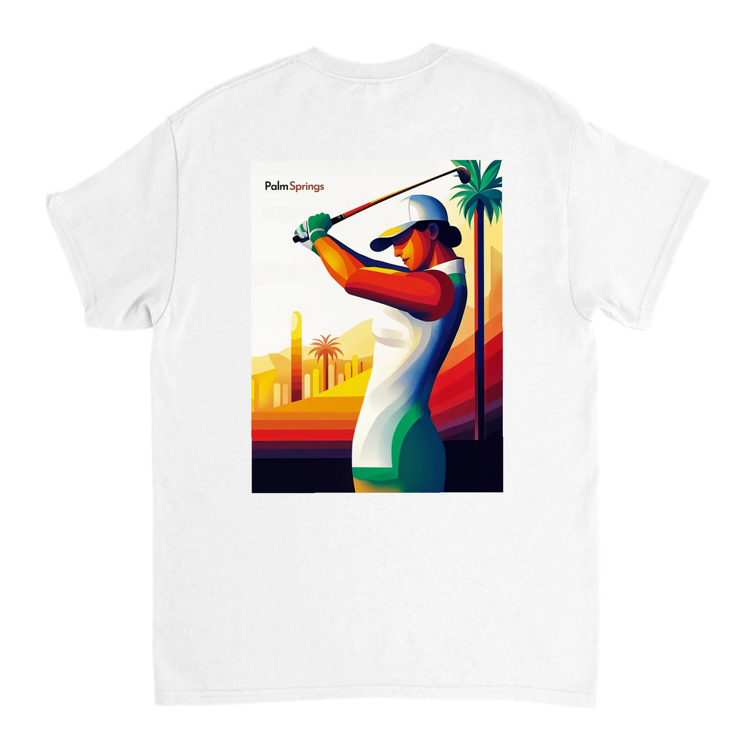 ゴルフパームスプリングスTシャツは、快適さとスタイルを兼ね備えたデザインです。パームスプリングスの陽気な雰囲気を楽しむゴルフ愛好者に最適です。