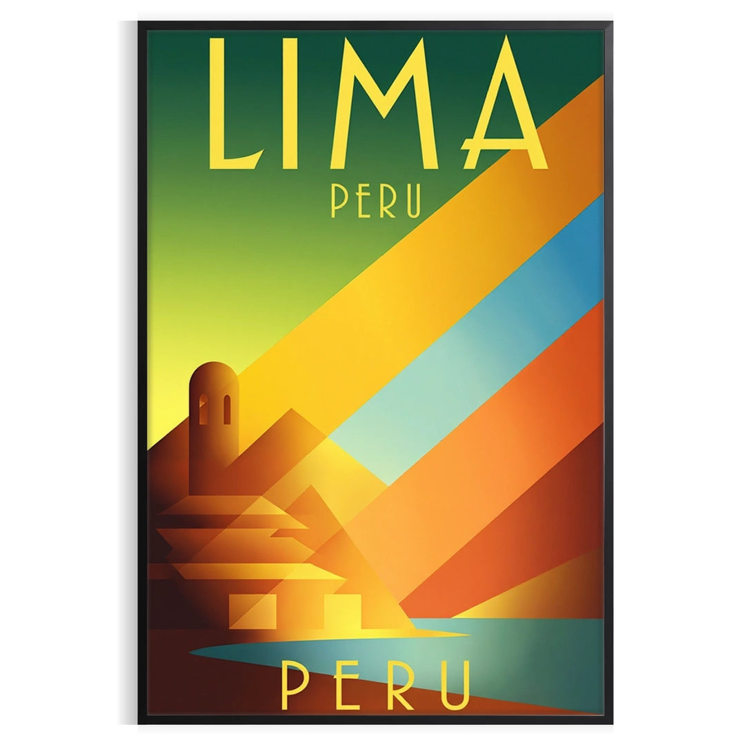 charm Lima Peru stunning vintage travel Art Deco poster vibrant yellow green décor eye artwork essence bygone era space sizes A4 cm A0