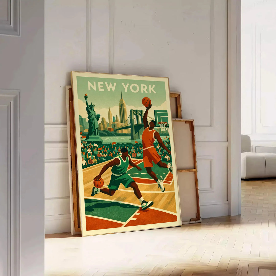 space vibrant New York USA NBA poster stunning blend brown orange hues sports enthusiasts city lovers eye piece walls available A4 cm A0
