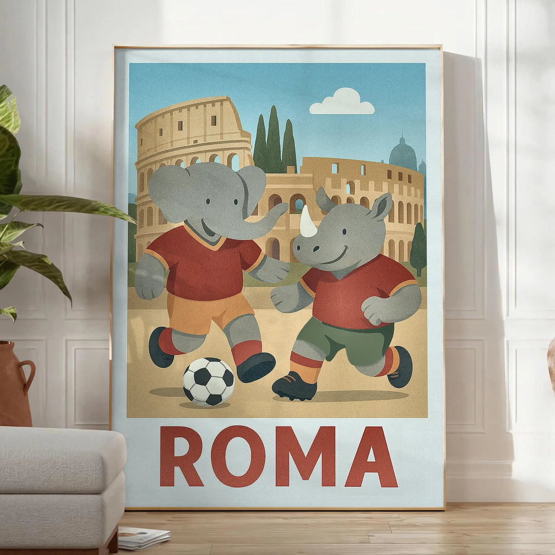 Ανακαλύψτε τον χαριτωμένο ελέφαντα και ρινόκερο που παίζουν ποδόσφαιρο σε αυτό το ζωντανό πόστερ σε γκρίζους και πράσινους τό