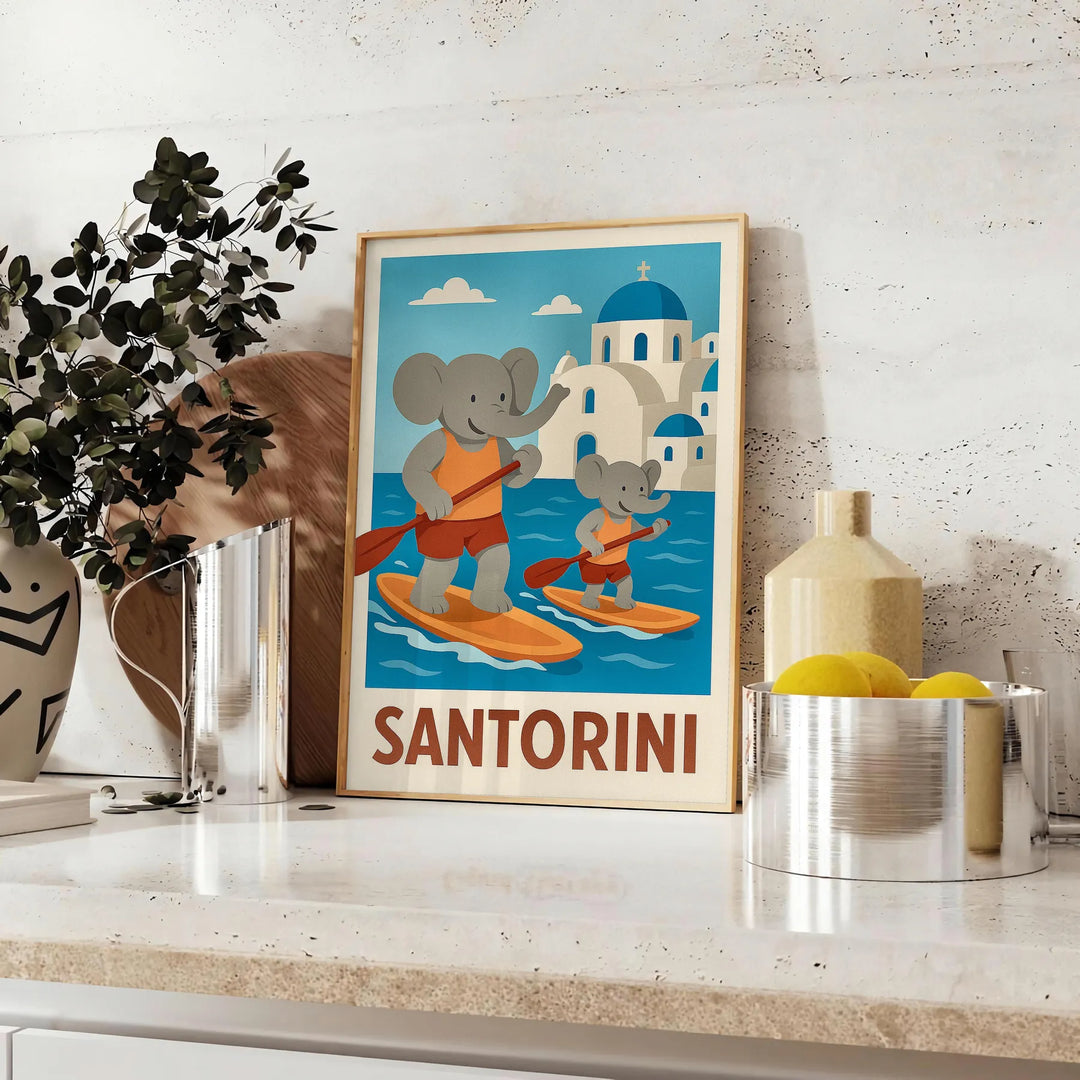 Ζωντανό αφίσα με ελέφαντα και σαντορινιό paddle, ιδανική για παιδικά δωμάτια. Διαθέσιμη σε διάφορες διαστάσεις