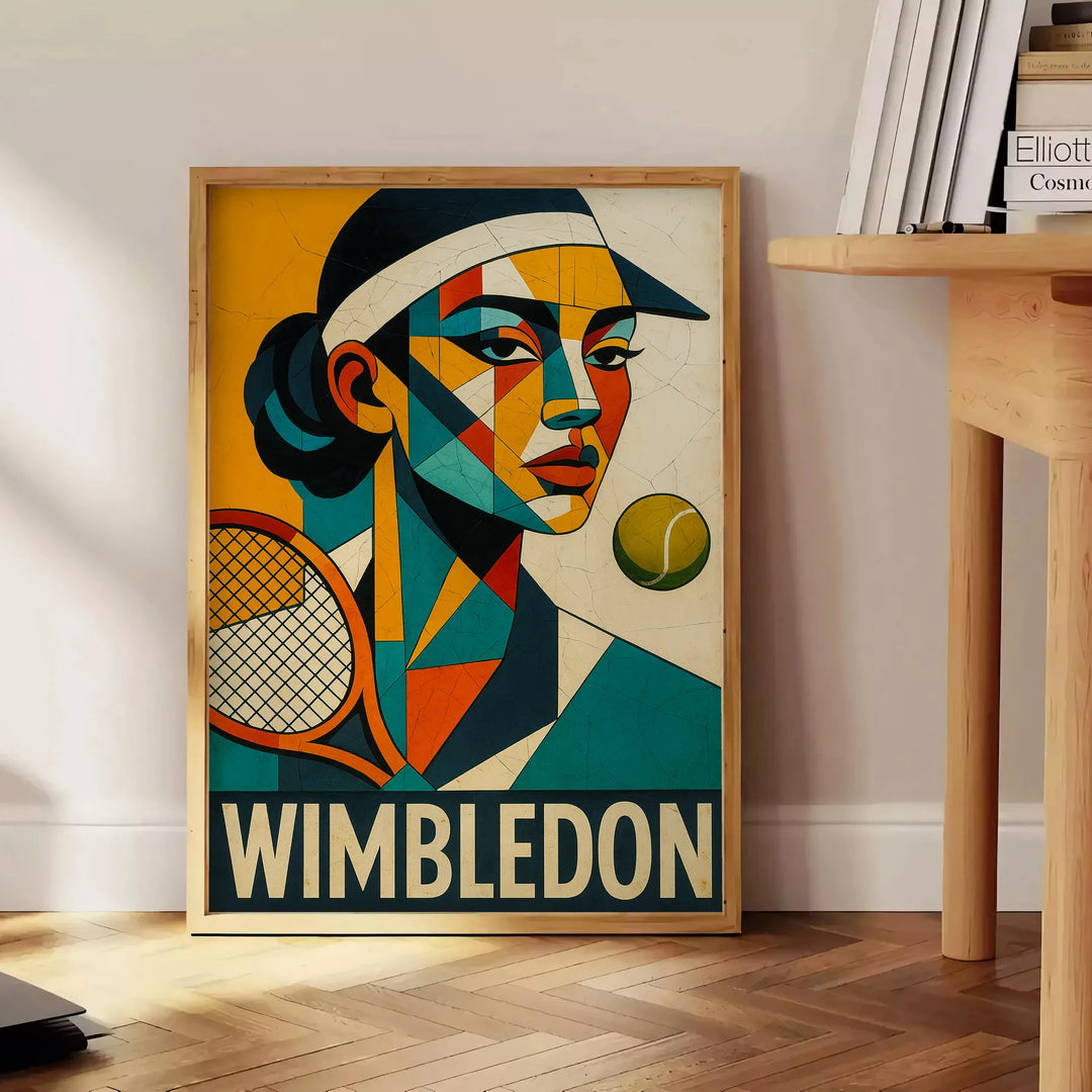 鮮やかな色合いのウィンブルドンキュービストテニスポスター。テニスファン必見のアート作品。フレーム付きまたはフレームなしで購入可能。
