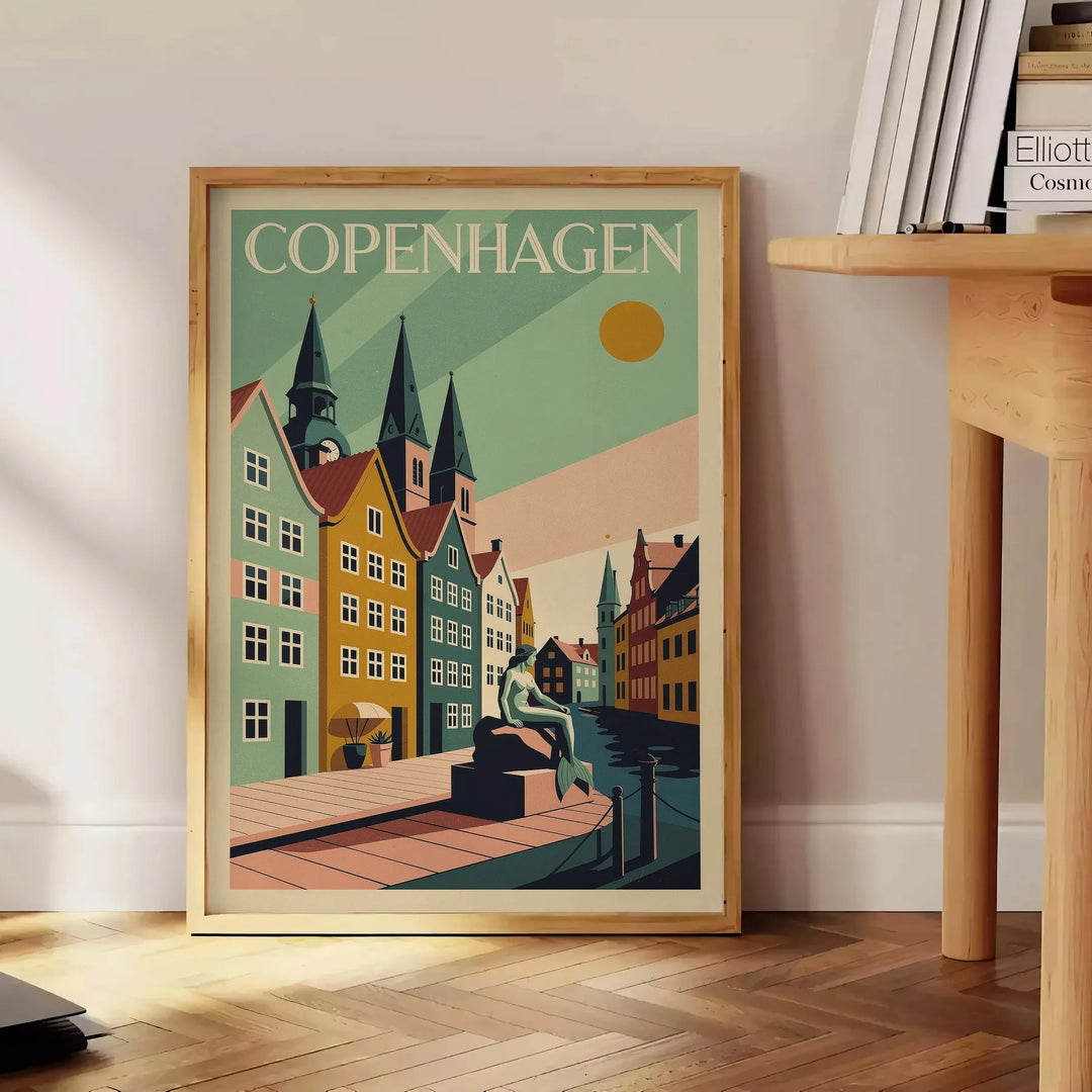 Poster Art Déco di Copenaghen, panorama urbano in marrone e nero