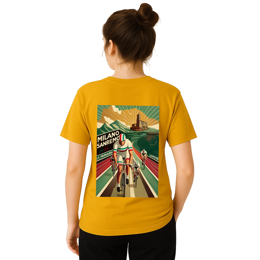 Koszulka Milano Sanremo z unikalnym wzorem, idealna dla miłośników kolarstwa. Dostępna w rozmiarach S, M, L, XL