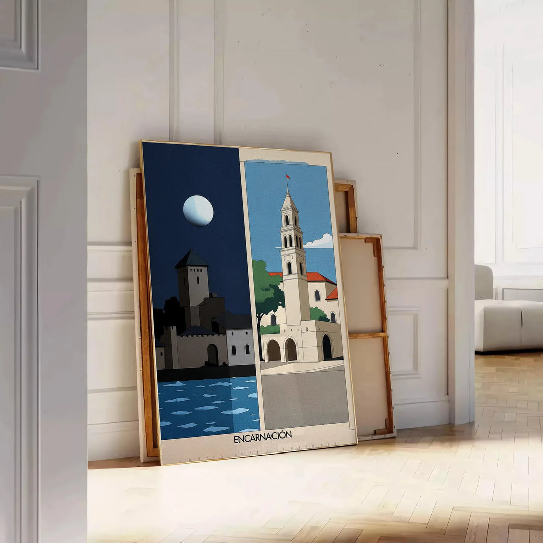 stunning Encarnación Paraguay Art Déco vintage poster vibrant orange green hues space eye design classic elegance decor available A4 cm A0