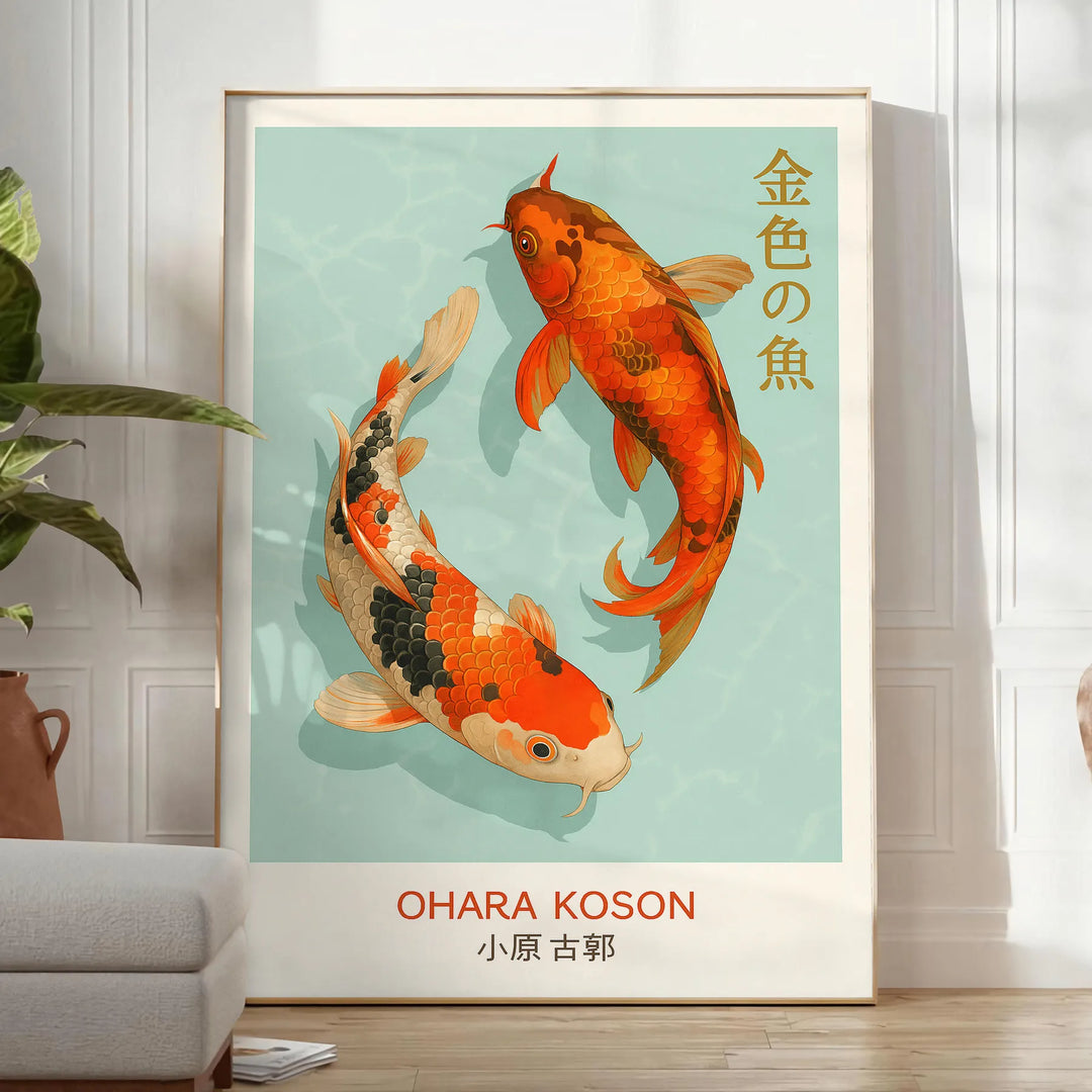 Poster di pesci Ohara Koson con eleganti tonalità di blu e rosso, perfetto per abbellire qualsiasi ambiente