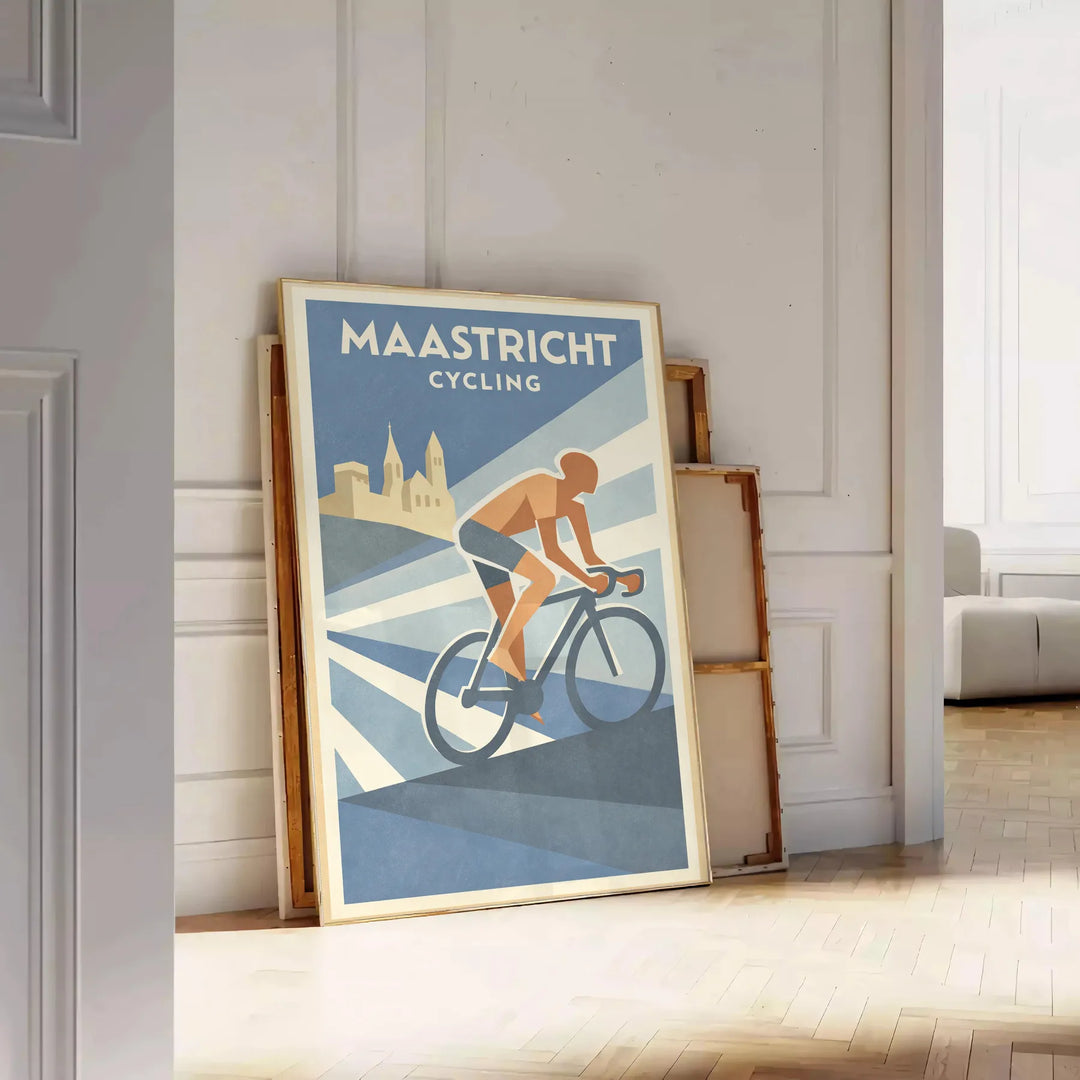 Plakat rowerowy Maastricht Pays-Bas z szaro-pomarańczowym wzorem, idealny dla miłośników kolarstwa i sztuki. Dostępny w różny
