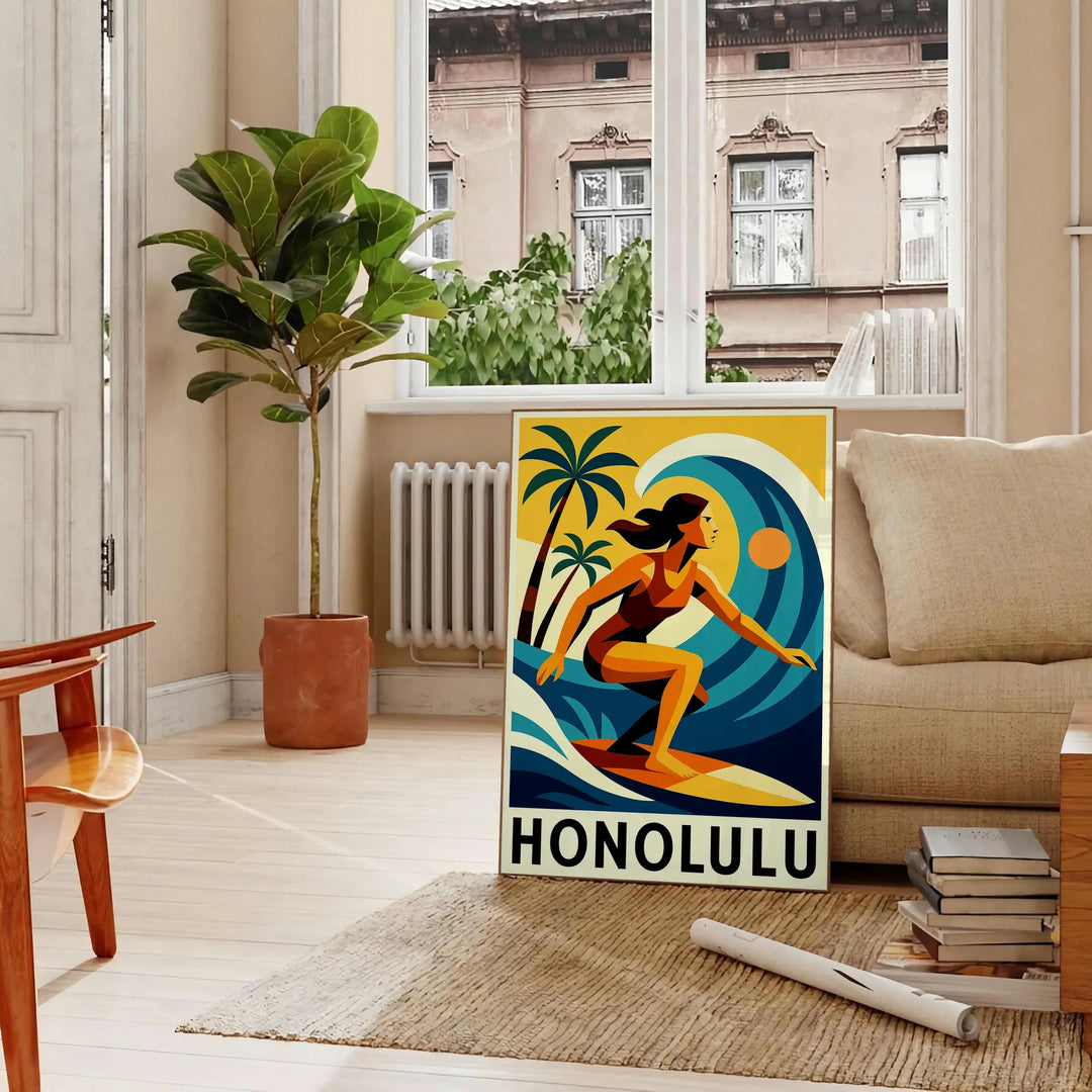 Färgglad Honolulu Surf poster som fångar surfkulturens anda med energiska röda och blå nyanser. Finns i storlekarna 50x70 ell