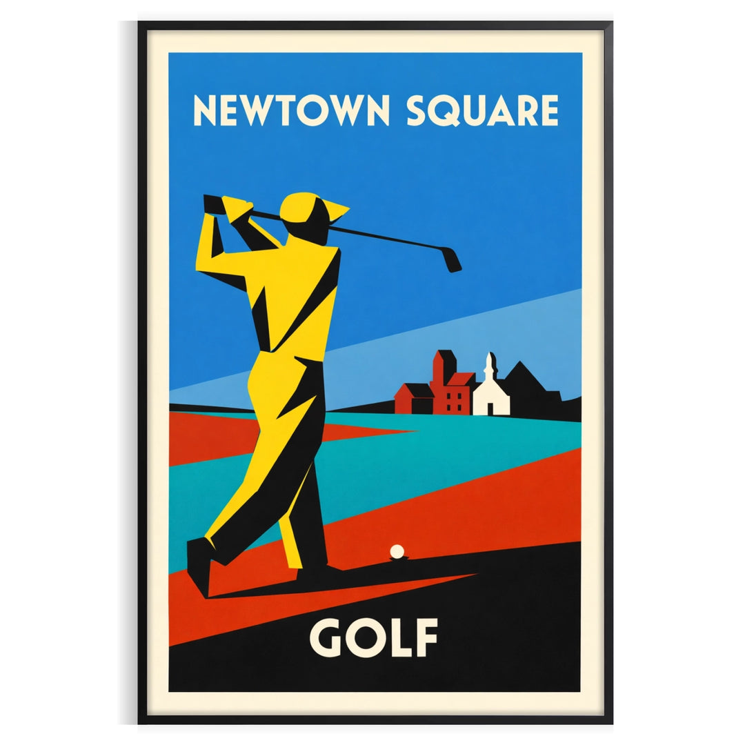 Plakat w stylu vintage przedstawiający scenę golfową w Newtown Square, Stany Zjednoczone, w zielonych i niebieskich odcieniach