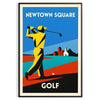 Plakat w stylu vintage przedstawiający scenę golfową w Newtown Square, Stany Zjednoczone, w zielonych i niebieskich odcieniach