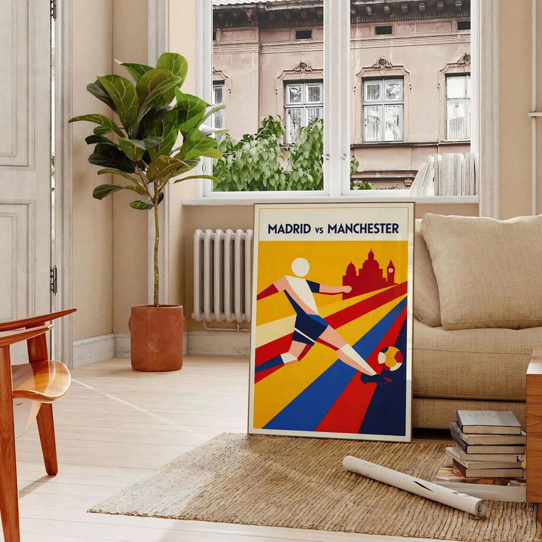 Plakat piłkarski przedstawiający miłość do futbolu w Madrycie. Idealny dla fanów sportu, dostępny w rozmiarach A4, 30x40 cm