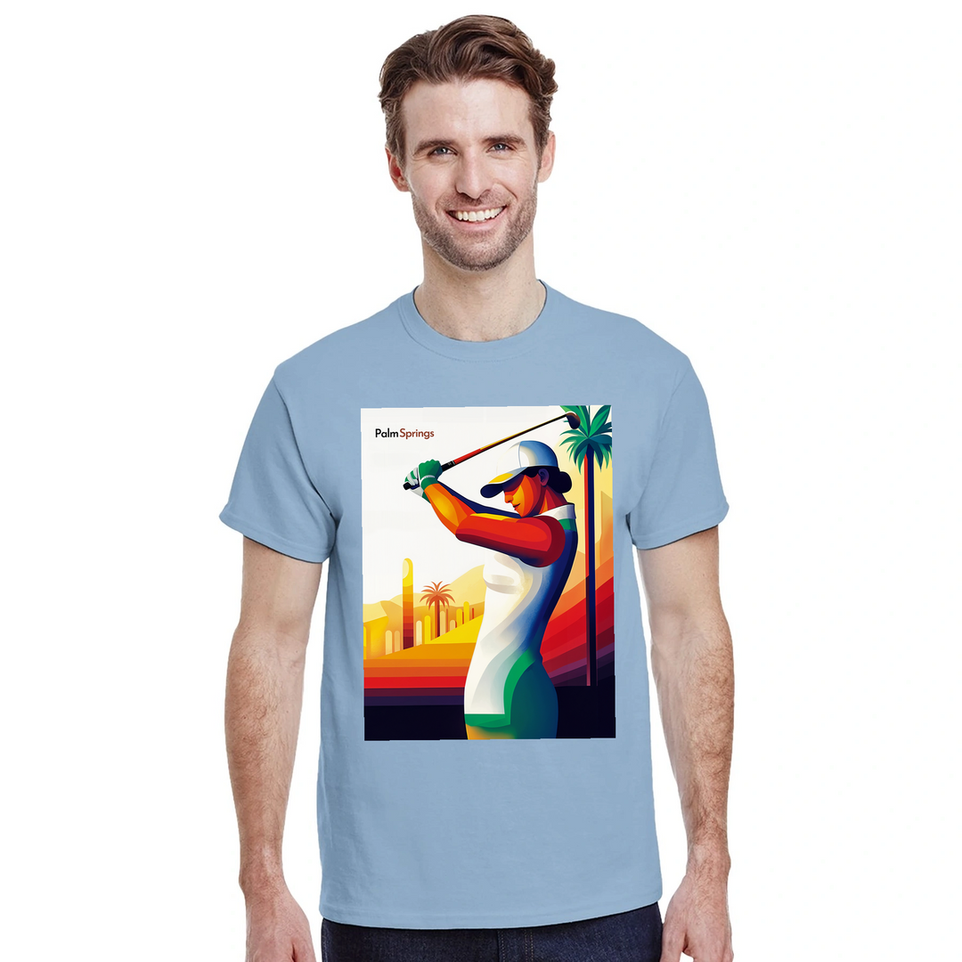 ゴルフパームスプリングスTシャツ。快適なコットン素材で、パームスプリングスの活気ある雰囲気を表現。ゴルフ愛好者や日差しを楽しむ人に最適な一枚です。