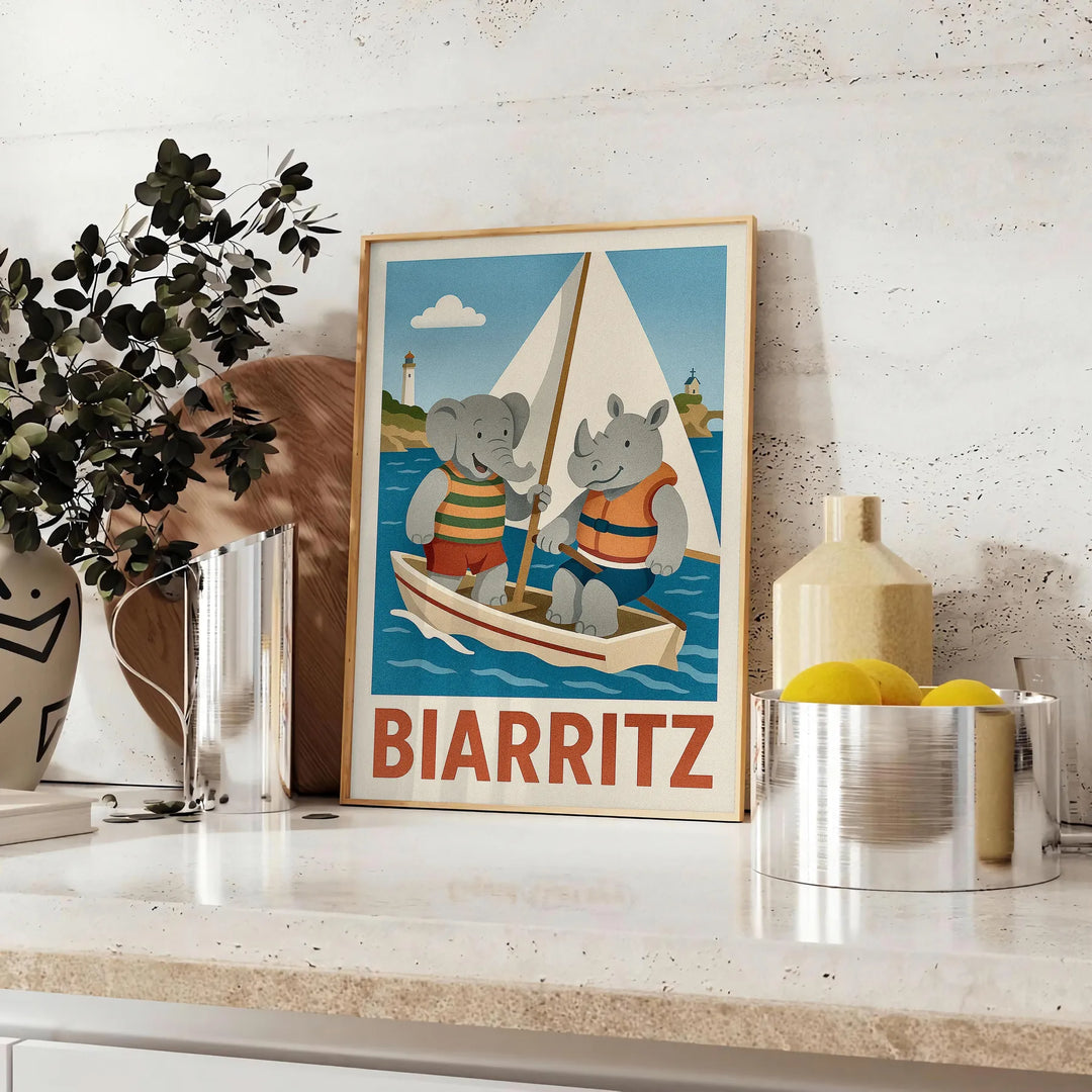 Ανακαλύψτε την όμορφη αφίσα "Παιδικό Ελέφαντα Ρινόκερος Ιππασία" με υπέροχες αποχρώσεις του μπλε και του γκρι. Ιδανική για να