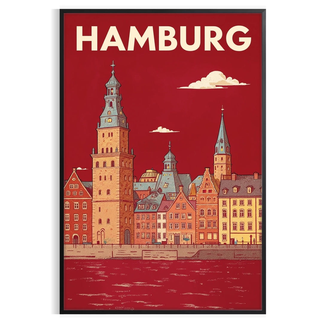 space stunning Art Deco vintage poster Hamburg Germany rich red brown hues timeless addition décor touch elegance home available