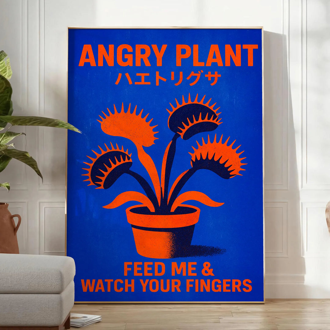 Vacker vintage botanisk affisch med köttätande växter i livfulla orange och svarta nyanser, perfekt för naturälskare. Finns i