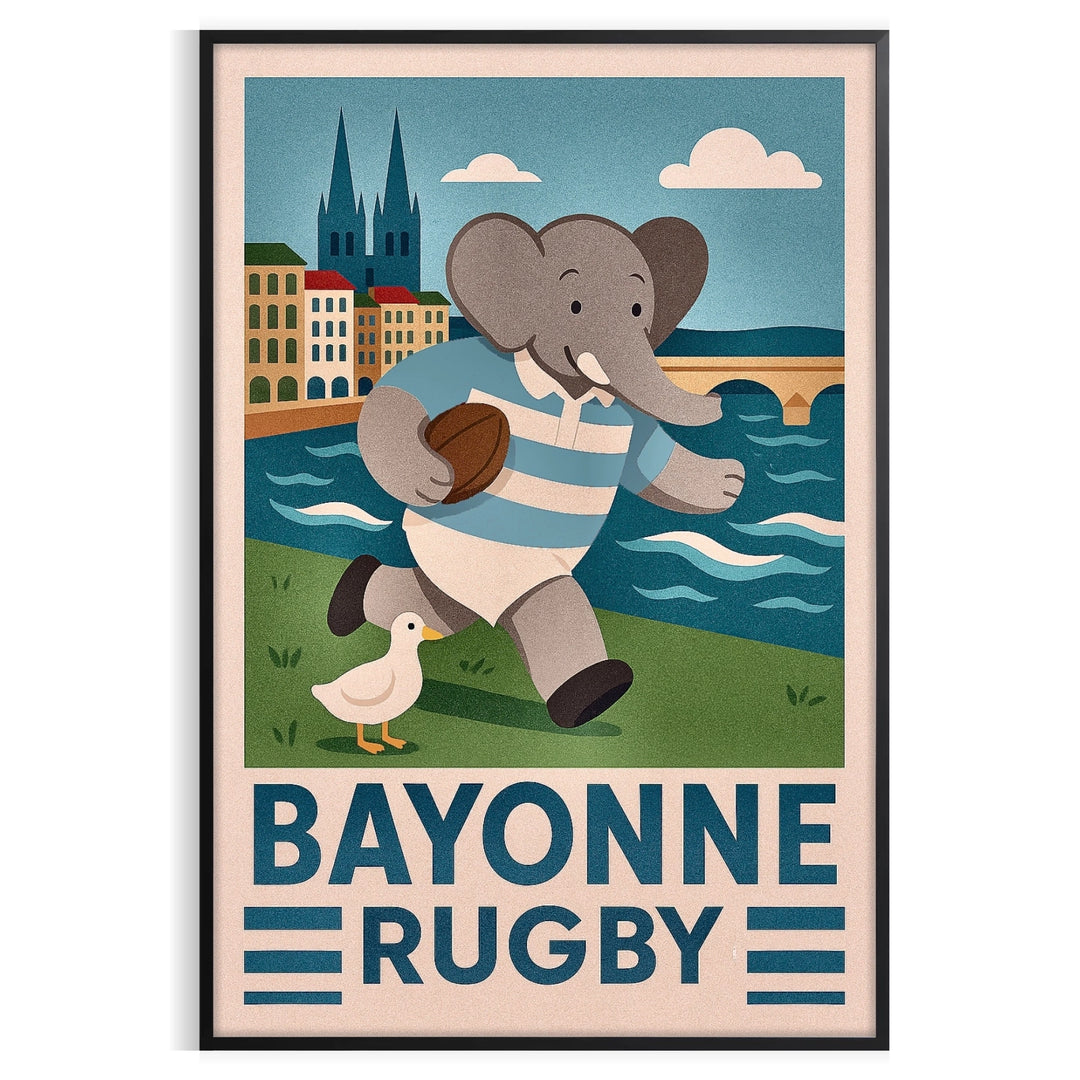 stunning vintage art deco rugby poster charming kid elephant Bayonne delightful artwork spirit vibrant detail perfect addition space dimensions cm decor unique print sizes A4 A0