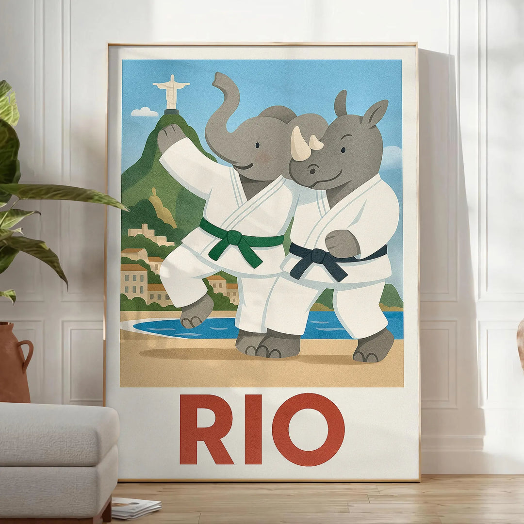 Ανακαλύψτε τον παιχνιδιάρικο κόσμο του Ρίο ντε Τζανέιρο με την αφίσα ελεφάντα και ρινόκερου τζούντο για παιδιά! Ιδανική για κ