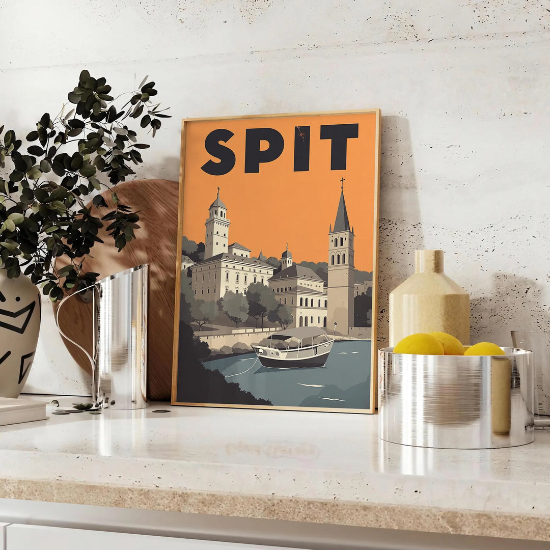 Poster Art Déco di Split, Croazia in toni caldi marrone e arancione