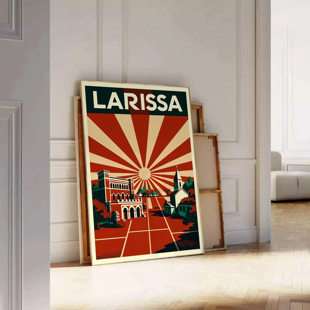 Poster di Larissa, Grecia in stile Art Déco, toni grigio e arancione
