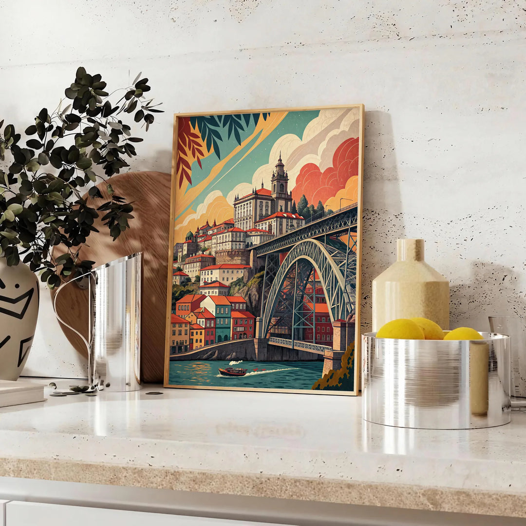 Poster vintage di Porto in stile Art Déco, toni grigio e arancione