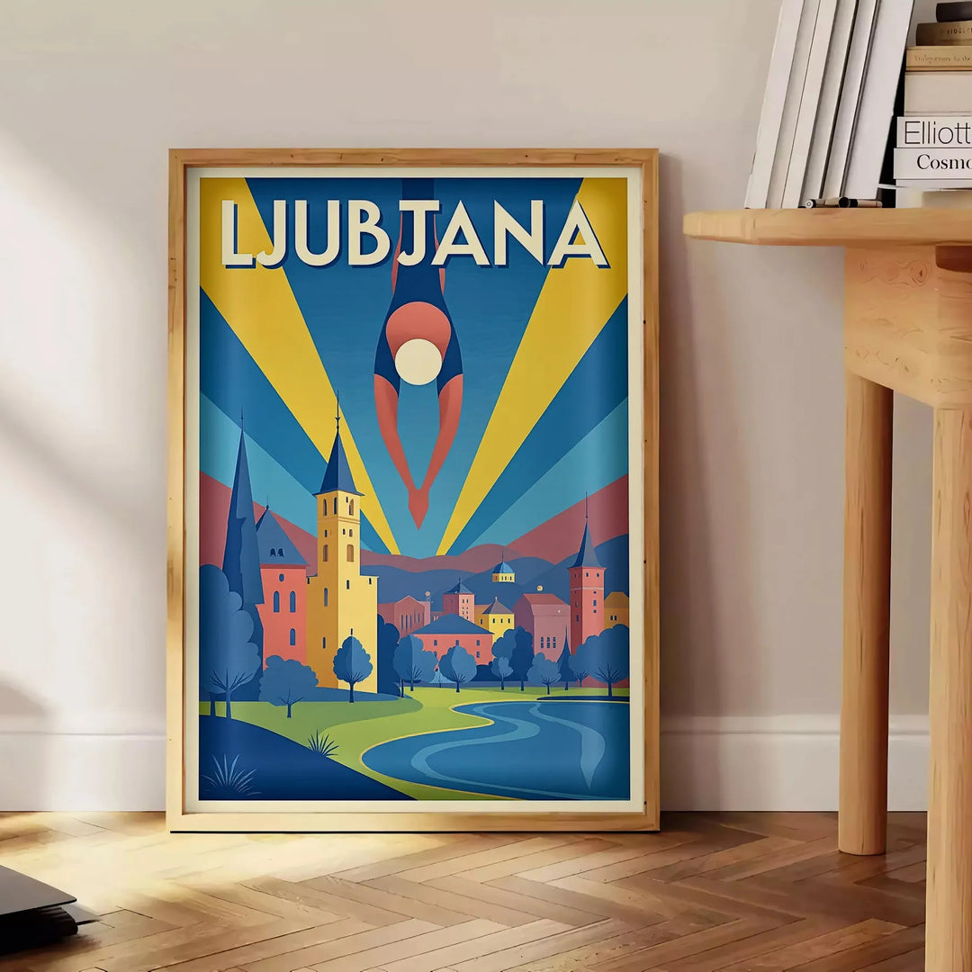 Vintage ceļojumu plakāts par Ljubljanu, Slovēnija, ar art deco stilu, ko raksturo dzīvīgas dzeltenas un zaļas krāsas, pieejam