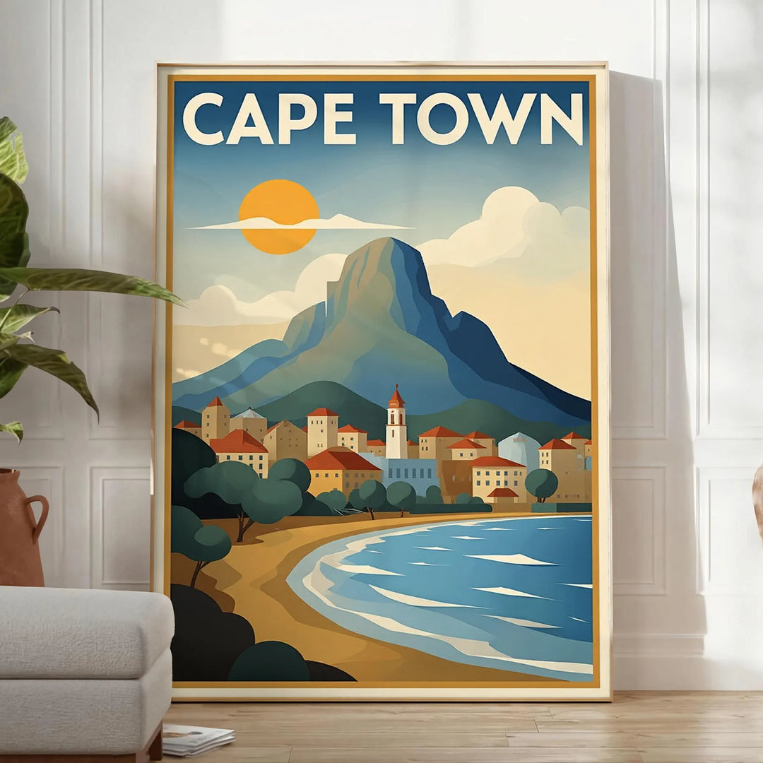 charm Cape Town vintage travel poster Art Deco style stunning orange blue hues perfect touch nostalgia room captivating today convenience