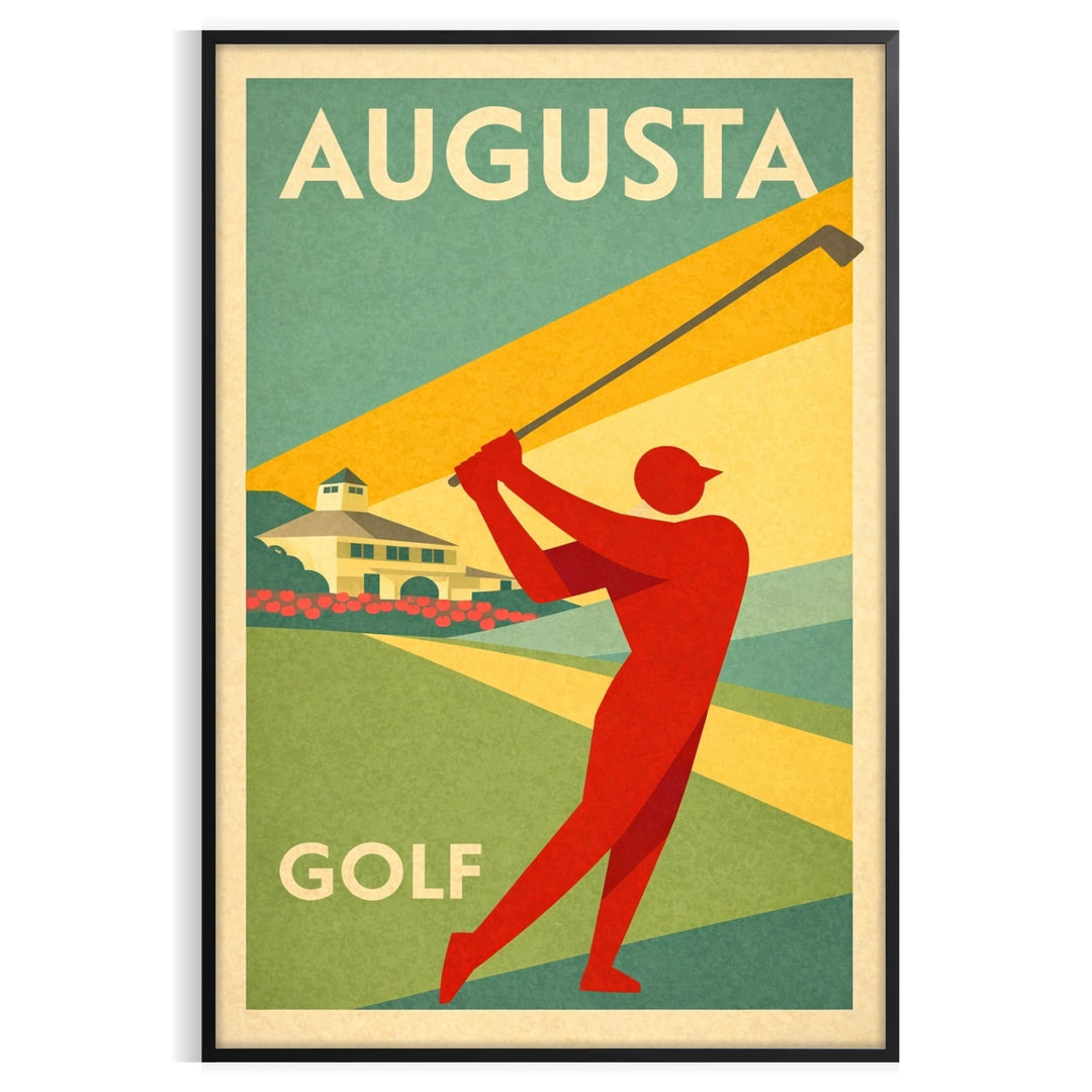 Pôster de estilo vintage apresentando uma cena de golfe em Augusta, Estados Unidos, com tons verdes e laranja