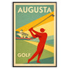 Pôster de estilo vintage apresentando uma cena de golfe em Augusta, Estados Unidos, com tons verdes e laranja