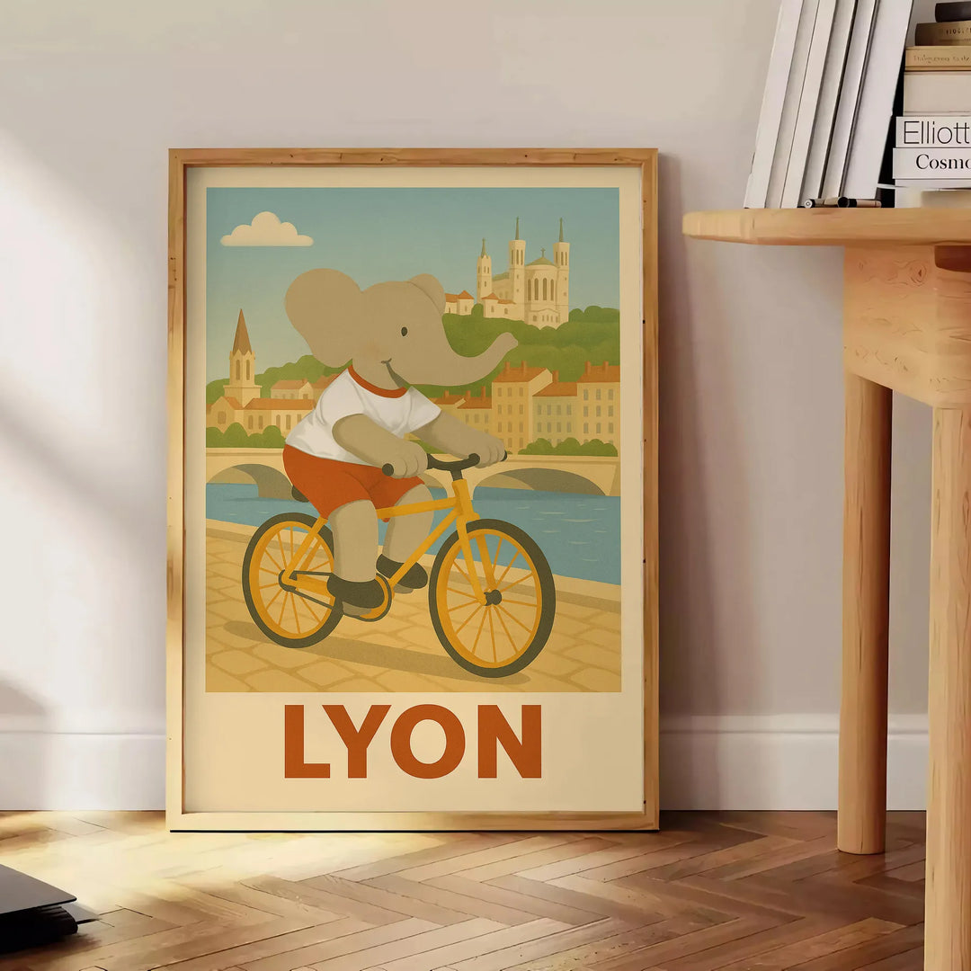 charming kid elephant cycling poster shades gray green whimsical touch space delightful decor choice today playful joy child room