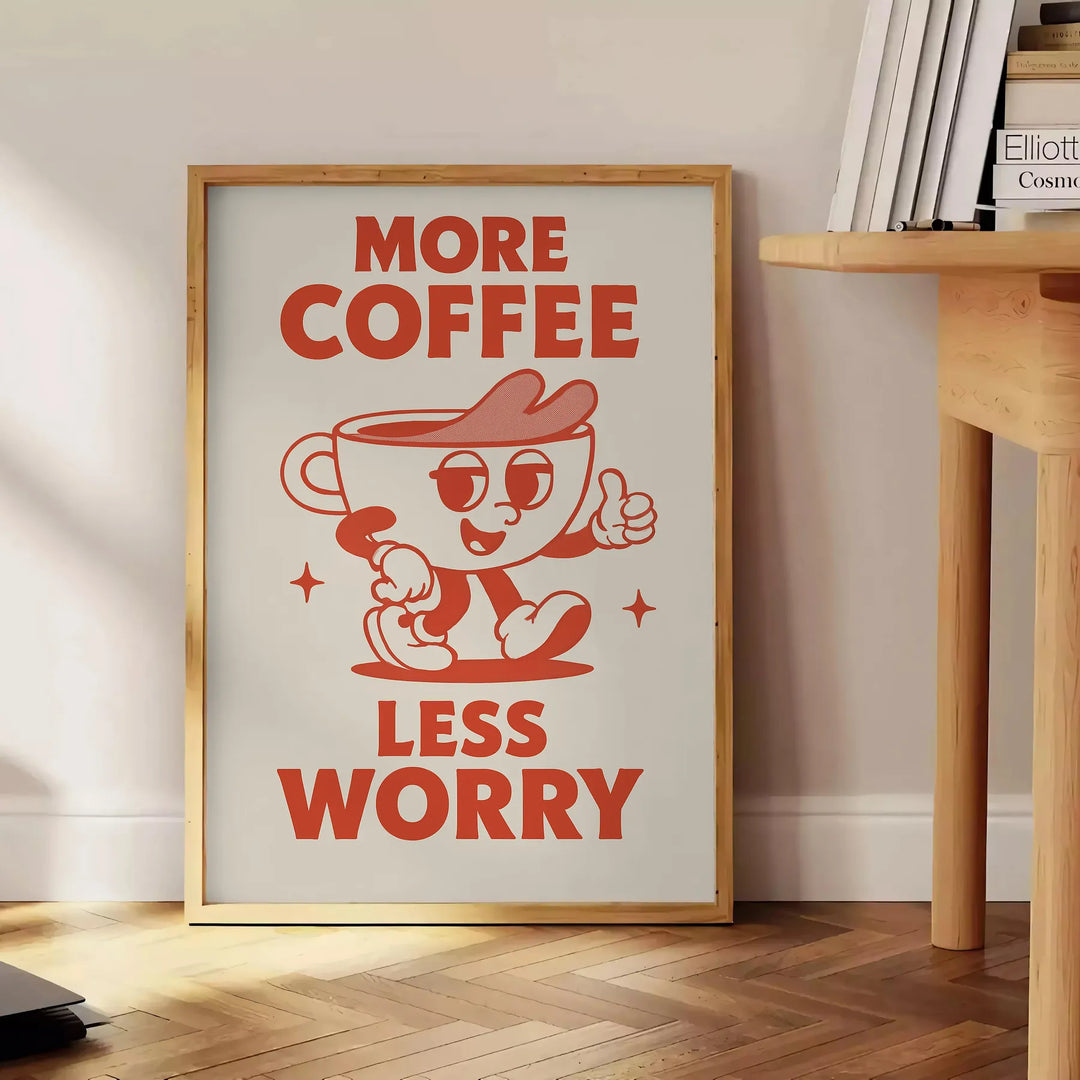 Póster de cocina "Más café, menos preocupaciones" en gris elegante y naranja vibrante, ideal para entusiastas del café. Dispo