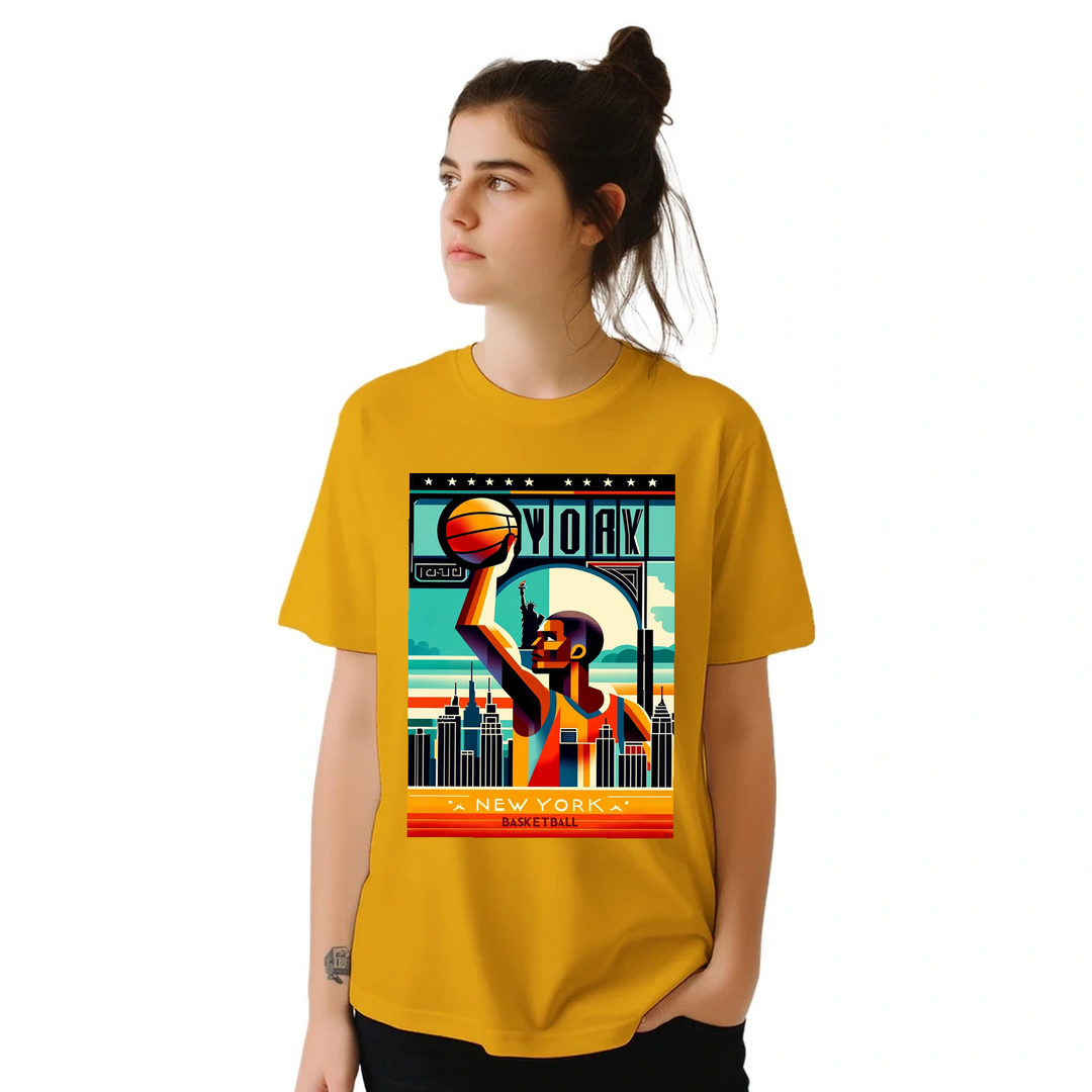 ニューヨークのバスケットボールをテーマにしたTシャツ。快適なコットン素材で、カジュアルな外出や試合の日に最適です。