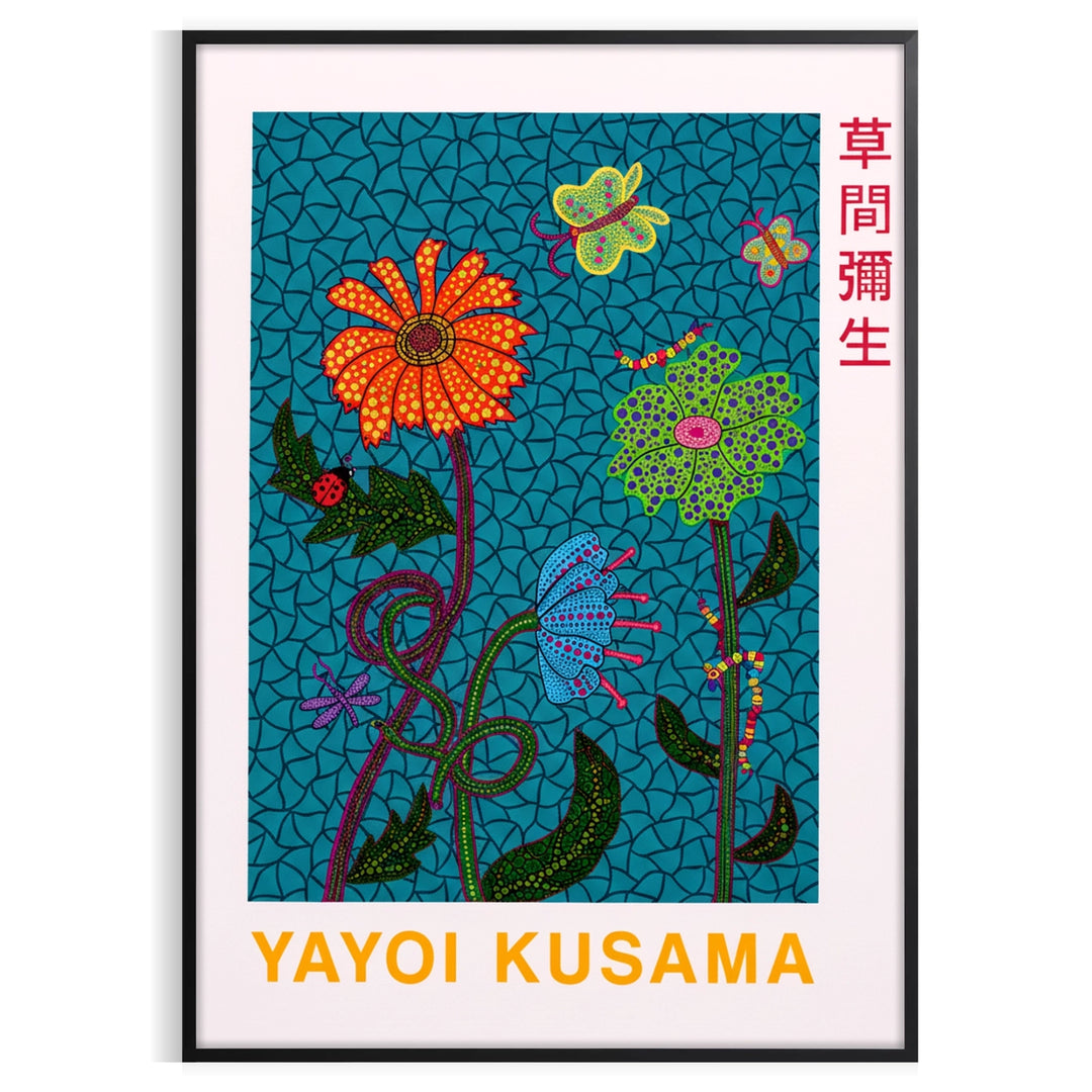 space vibrant Yayoi Kusama vintage flower poster stunning green orange hues market print essence Japanese floral beauty perfect addition art collection captivating today dimensions A4 cm A0