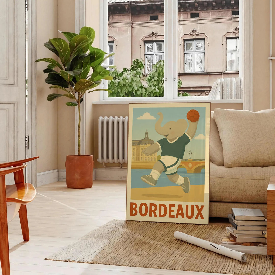 charming Bordeaux Kids Handball Elephant poster playful design gray green hues young athletes eye artwork room favorite size—50x70 unique touch decor unframed versions available