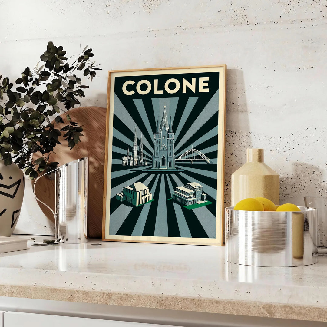 Art Déco poster of Cologne skyline in green and black