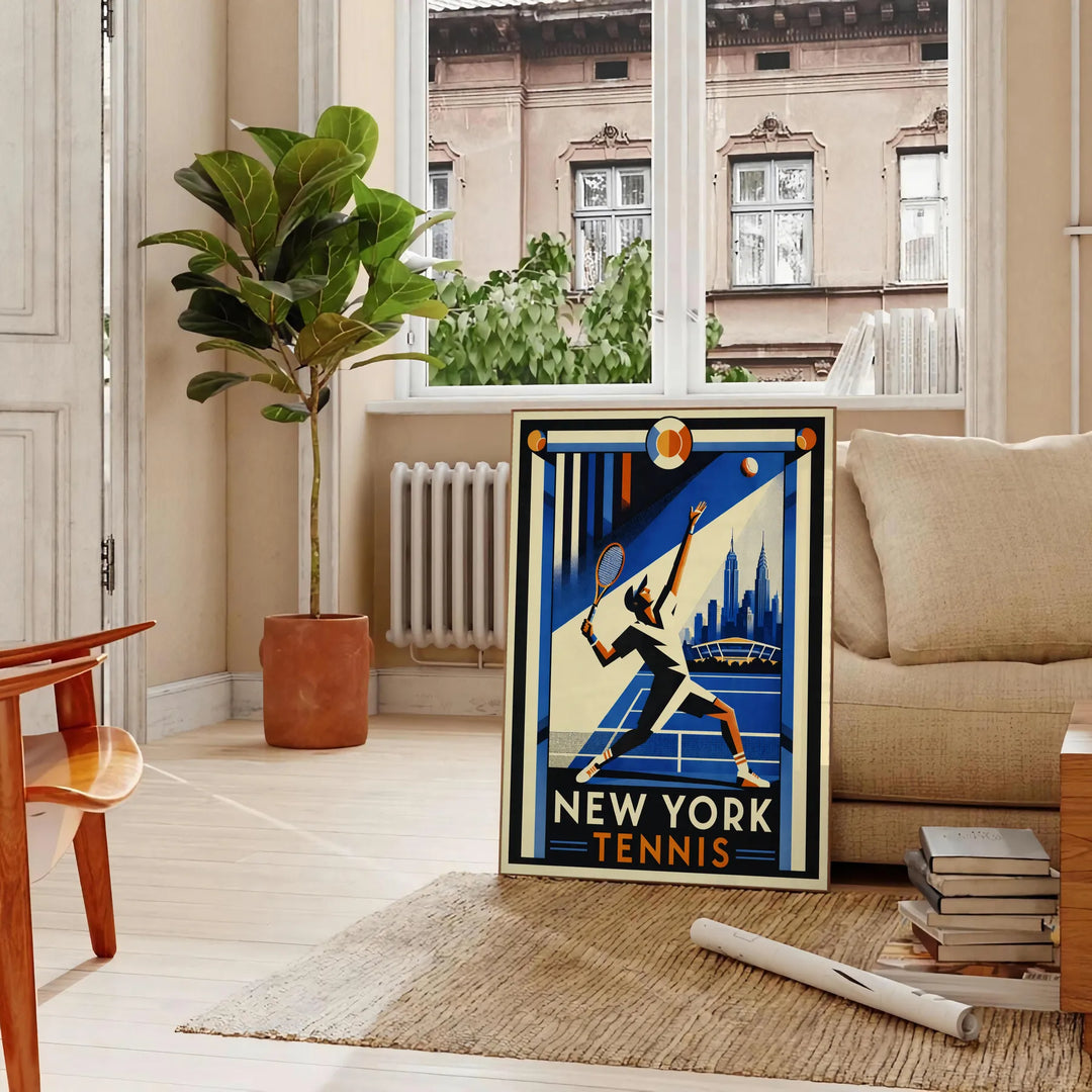space stunning New York tennis poster dynamic design bold black vibrant orange sports enthusiast eye piece dimensions today unframed options available style