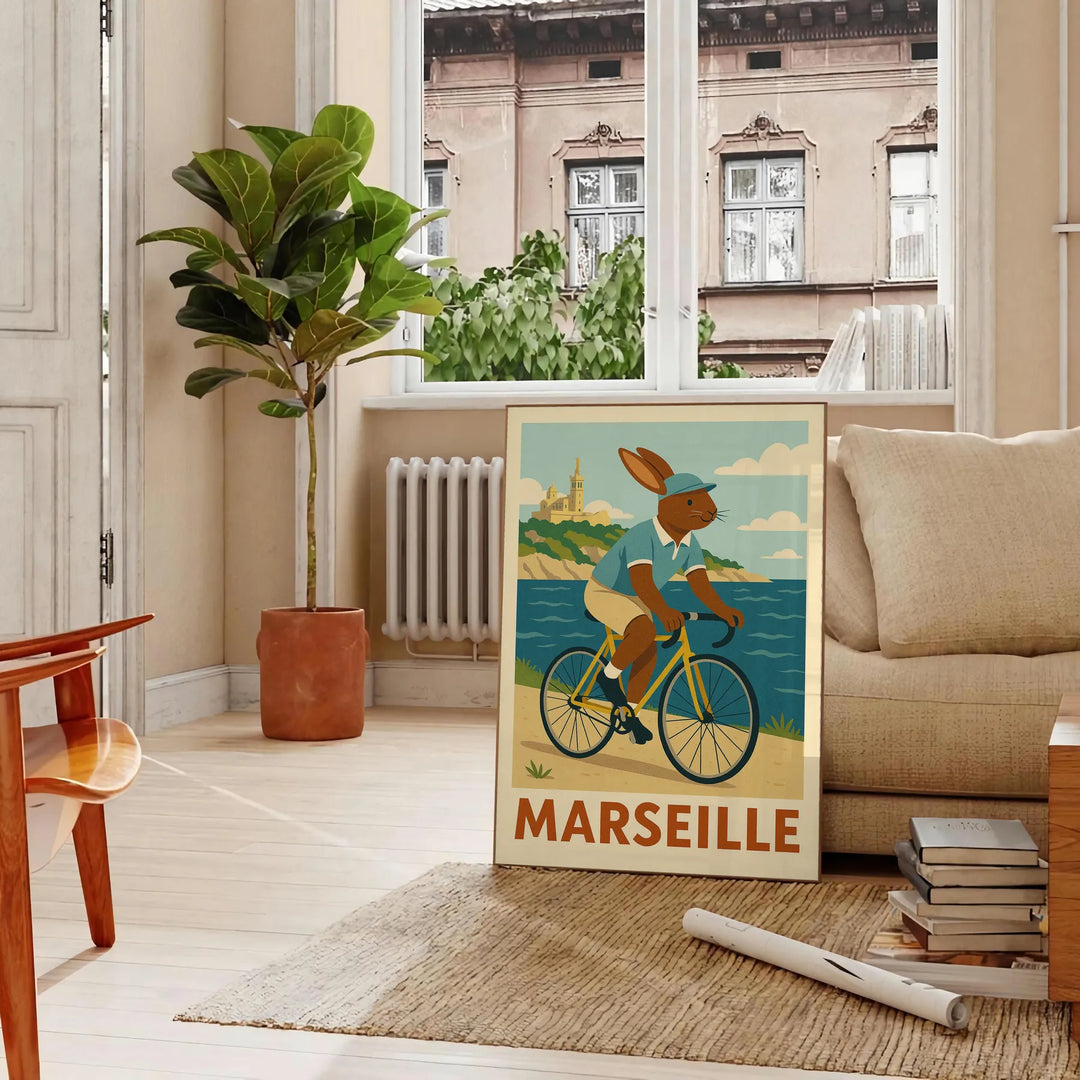 マルセイユの魅力にインスパイアされた子供用ウサギ自転車ポスター。青と緑の穏やかな色合いで、子供部屋や遊び場にぴったりのアート作品です。
