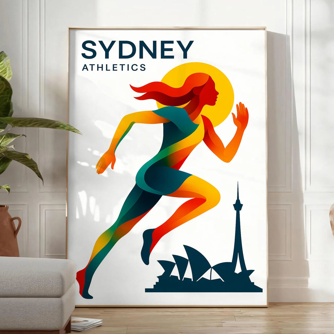 affiche dynamique athlétisme Sydney un incontournable passionnés sport couleurs vertes rouges une touche énergique décoration disponibles cm unique cadre