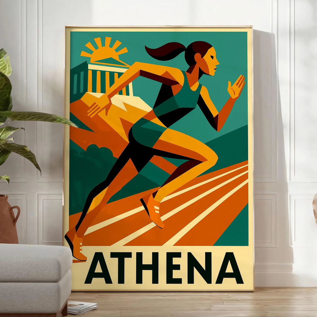 Färgglad poster med Athletics Athena-motiv i gröna och röda nyanser, perfekt för sportentusiaster. Finns i flera storlekar