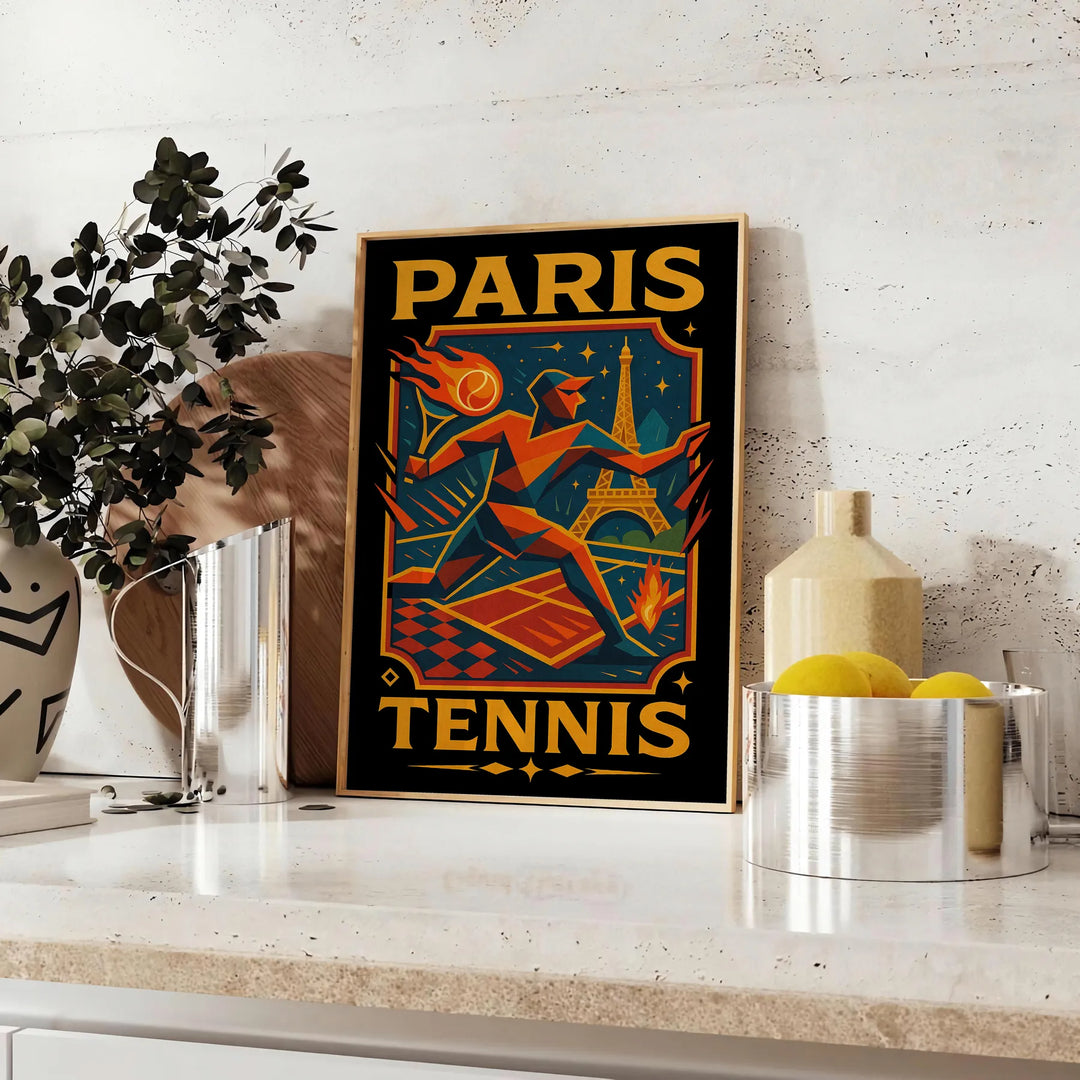 Plakat w stylu vintage przedstawiający tenis w Paryżu, idealny dla miłośników sportu i sztuki, w odcieniach szaro-niebieskich