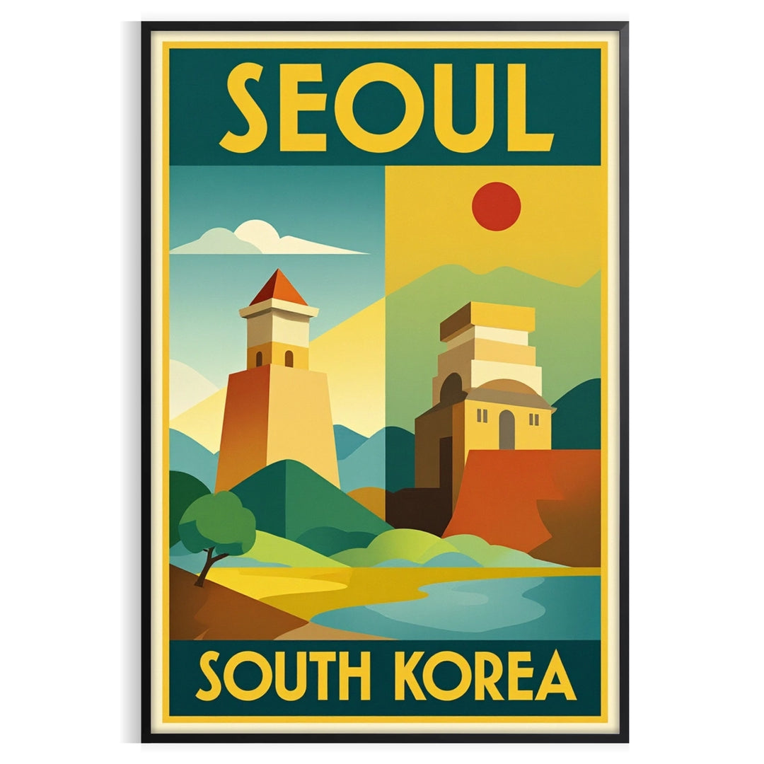 charm Seoul South Korea stunning vintage travel poster Art Deco style vibrant yellow green hues space eye Buy decor dimensions A4 cm A0