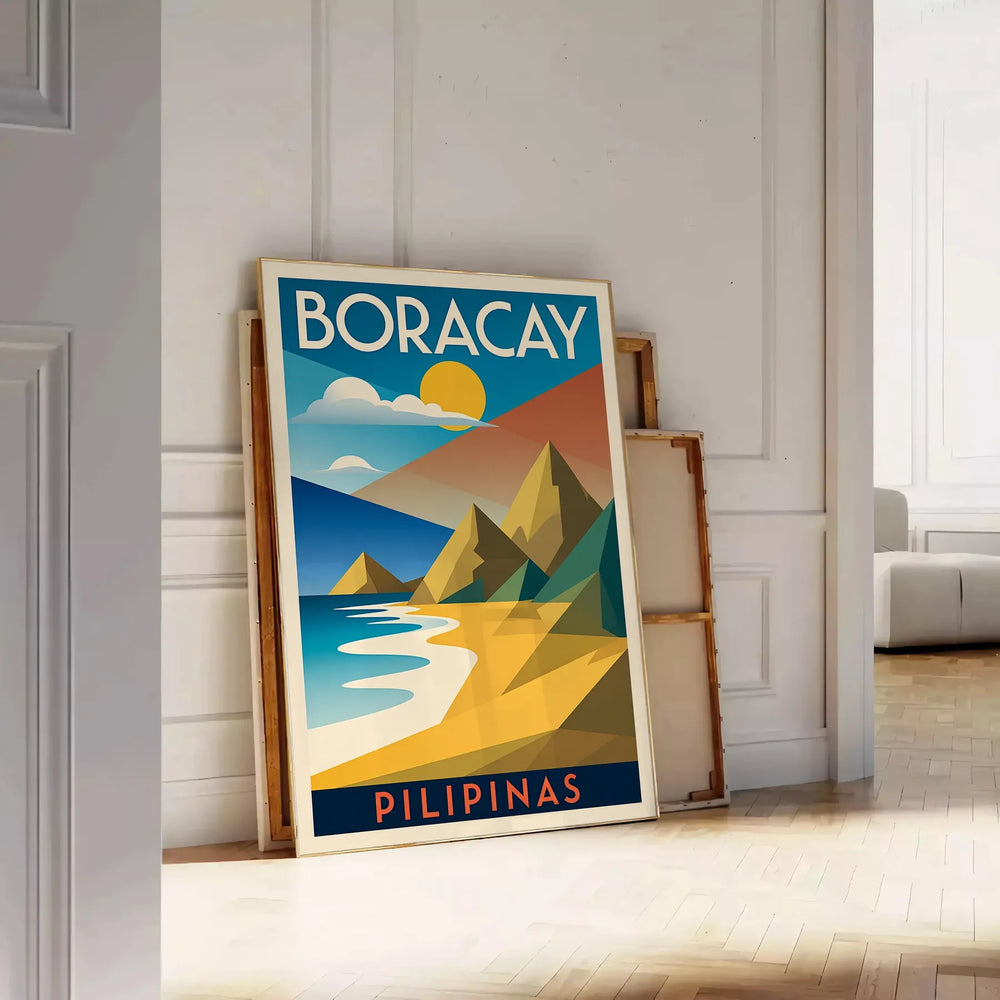 Art Deco poster featuring Boracay, Philippines with orange and green tones