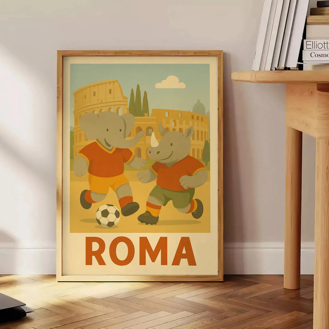 splash fun space vibrant kid elephant rhinoceros football poster playful designs green orange artwork perfect young sports fan child room decor