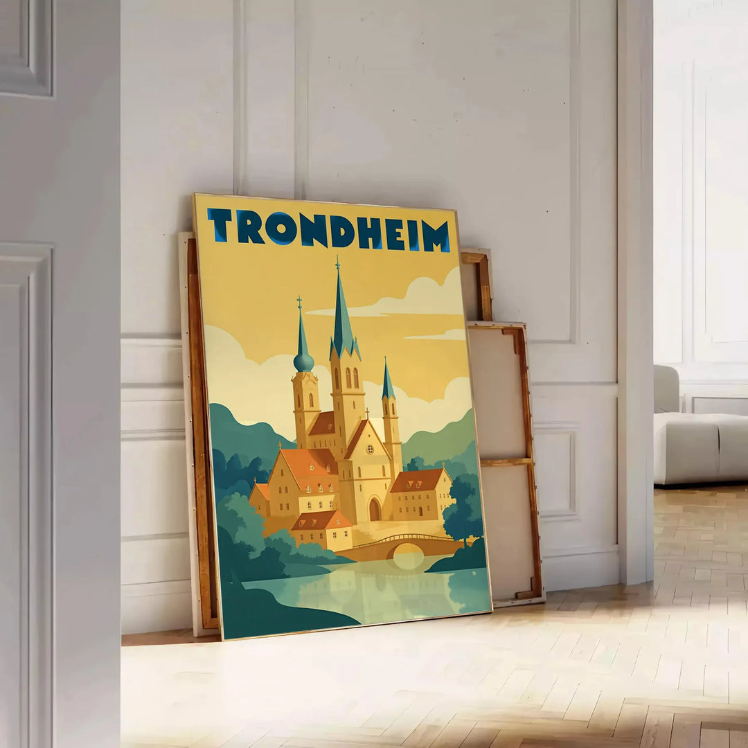Poster vintage Art Déco Trondheim Norvegia con grafiche verdi e gialle