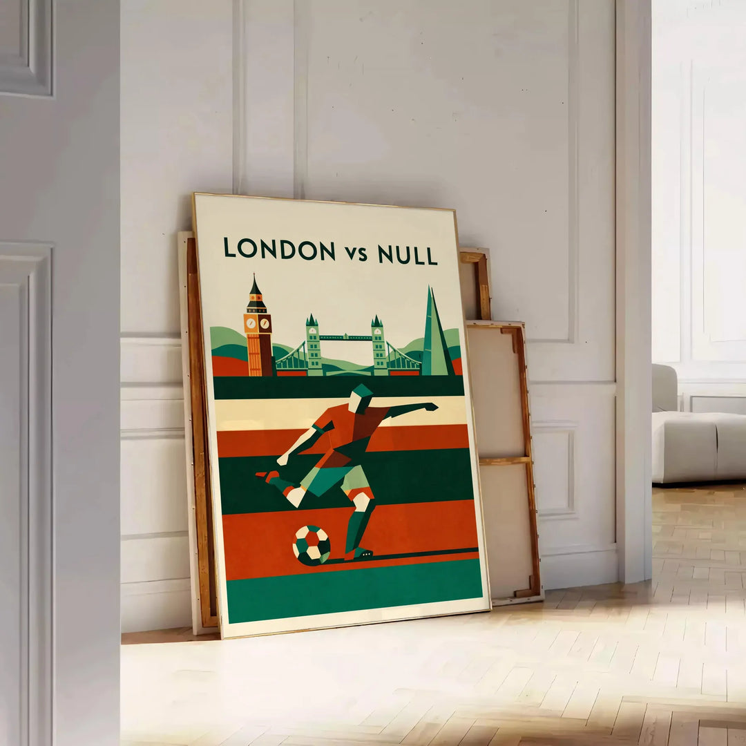 ロンドンのサッカーポスター。鮮やかな緑とオレンジの色合いが特徴で、サッカーファンやインテリア愛好家に最適。サイズ: 30x40 cm, 50x70 cmなど。