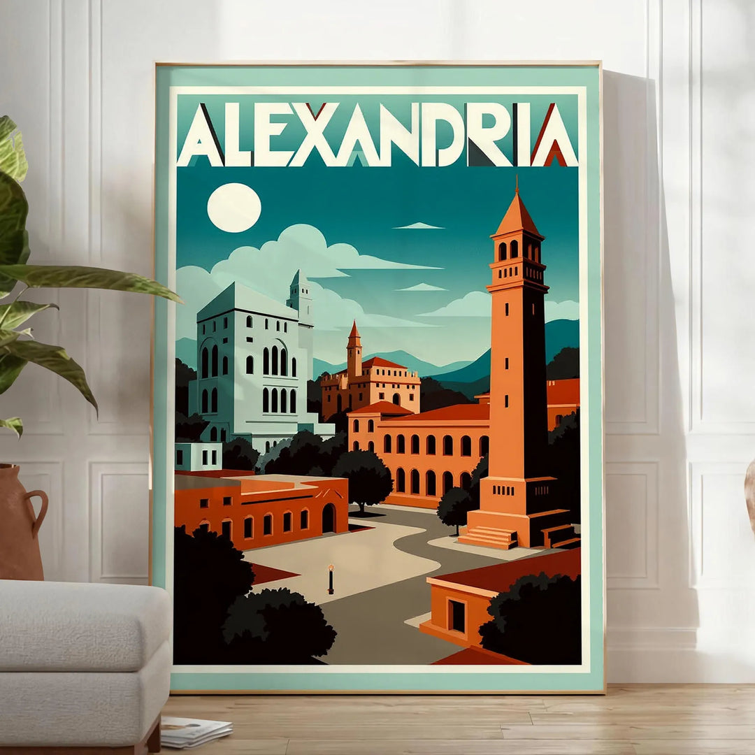 Poster vintage Art Déco di Alessandria d'Egitto in arancione e rosso