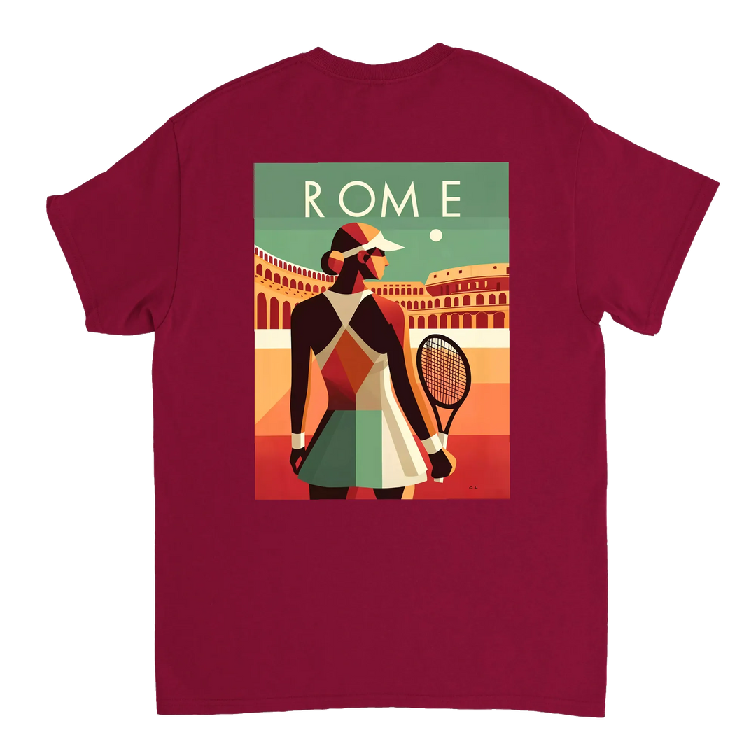 情熱的なファンとスタイリッシュなアスリートのためにデザインされたローマテニスTシャツ。コート内外での着用に最適な鮮やかなテニスグラフィックが特徴。柔らかく通気性のあるコットン素材で快適さを提供します。