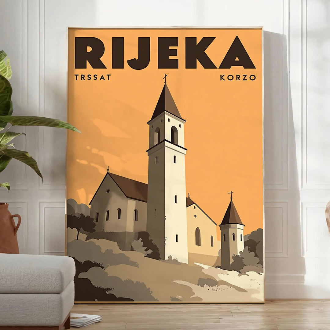 Manifesto Art Déco di Rijeka, Croazia, scena cittadina marrone e verde